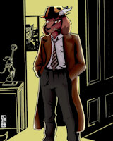 Adrian Conrad in a Doorway by ClaydonDelve - goat, male, trenchcoat, detective, investigator, fedora, fc, fan character, toothpick