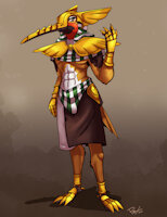 Amenhotep IV by AaronAmethyst - male, bird, character sheet, muscular, avian, armor, clothing, guard, egyptian, hummingbird, muscular male, shoulder guard, beak guard, rufous hummingbird, talon guard