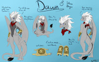 Daws SFW Ref (March - 2023) by DawnTheDragon - dragon, cute, male, commission, scarf, character sheet, feminine, herm, markings, hermaphrodite, scar, wings, stripe, solo, text, ref sheet, reference, thin, femboy, feminine male, blue eyes, white hair, lean, western dragon, description, backstory, solo male, confident, character profile, curled tail, fidgeting, storm dragon, membranous wings, grey scales, male identifying, tail round leg, leather gauntlets, detailed desciption