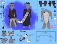 Reference Sheet (Niles Grayfield) by TheGrayFoxWarrior - sword, fox, male, headphones, reference sheet, clothes, phone, weapons, grey fox