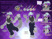 Leandre Snow Reference Sheet (2023) SFW version by SnowLeandre - female, snow leopard, snow, sheet, reference, version, scientist, tank top, sfw, dyed hair, pink eyes, explorer, cargo pants, journalist, leandre