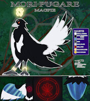 Mori Purgare, the Magpie by Triti - female, reference sheet, bird, avian, corvid, magpie