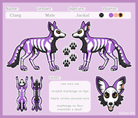 Claeg the Jackal/Decay spirit by Lonewolf2002 - male, jackal, ref sheet, refsheet, black fur, purple fur, torn ear, amber eyes, skeletal pattern