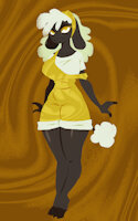 Sunflower by Gashren - female, anthro, hooves, oc, sheep, dungarees, black skin, caprine, cloven hooves, unguligrade, hooved fingers, white fleece, yellow dungarees