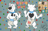 Young Rhythm C. Husky Ref Sheet 1-16-24 by RhythmCHusky94 - puppy, babyfur, diaper, husky, male, reference sheet, canine, diapers, book, collar, backpack, fursona, music notes