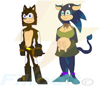 Hunter and Henrietta by Filibolt - female, male, dreadlocks, horns, ref sheet, big breasts, udder, mixed breed, bandana, high heels, mobians, bio, sonic ocs, hedgecows