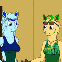The Changing Room (Lisa and Marissa Ref Sheet) by ScouttheCat02 - female, anthro, bikini, couple, swimwear, glaceon, leafeon