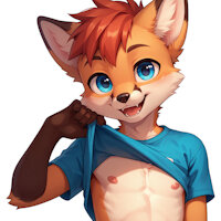 Meet Zeke by DainenDog - fox, cub, boy, shota, male, character sheet, bulge, child, human, young, tween, happy, undressing, shotacon, sfw, no background, swimming trunks, transparent background, male solo, young boy, human male, small bulge, ai generated, zeke the fox