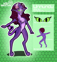 Unnundu Reference by Entesi - boy, male, long hair, reference sheet, sparkle, green, alien, anthro, stars, space, smile, reference, smiling, long tail, green eyes, purple fur, sparkly, pink nose, chest fluff, nb, nonbinary, demiboy, enby, pink horns
