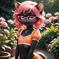 Luna Felicity Brightpaw by fairygarden - cub, girl, cat, female, glasses, skirt, loli, child, young, necklace, pink hair, catgirl, cat girl, lolicon, cubfur, garden, black cat, ai, black fur, antrho, little girl, littlefur, kidfur, young girl, black body, lolifur, little cubs, lolicub, furryanthro, young child, nipple outline, ai generated, orange clothing, ai art, stable diffusion