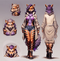 Amethyst the Arcanine by scorpianpp - female, canine, pokemon, anthro, arcanine, big breasts, anthropomorphic, blue eyes, purple hair, orange fur, dog girl, pokemon adult, black stripes, pokemon oc, anthropokemon, pokemon (species), ai generated, stable diffusion, automatic1111, scorpianpp, amethyst the arcanine
