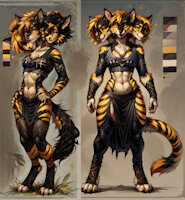 Velvet, Satin, and Lace the Cerberus by scorpianpp - female, canine, blonde, anthro, stripes, anthropomorphic, short hair, cerberus, original character, black fur, dog girl, three heads, ai generated, stable diffusion, automatic1111, scorpianpp, velvet satin lace the cerberus