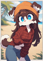 Katie by Fukuro - dog, girl, woman, female, beach, border collie, teen, blushing, canine, teenager, floppy ears, blush, young, canid, original character, shirt lift, young girl, ai generated
