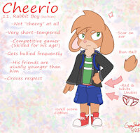Cheerio Reference by GennySkunk - cub, bunny, male, rabbit, underwear, jacket, shorts, character sheet, young, backpack, shoes, coat, sneakers, bully