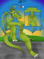 Jazovyx the Dragon - Anthro Sfw version by Jazovyx - dragon, male, reference sheet, sunset, smile, markings, wings, cliff, horns, solo, reference, back, looking at viewer, sitting down, back view, wings spread, jazovyx