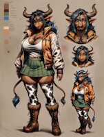 Filly the Tauros by scorpianpp - female, long hair, pokemon, anthro, horns, hooves, blue hair, tauros, green eyes, anthropomorphic, cow girl, pokemon adult, pokemon oc, anthropokemon, pokemon (species), ai generated, stable diffusion, automatic1111, scorpianpp, ai generated voice, filly the tauros