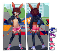 Chloe's Character Portrait -By SicMop by Nanako - cub, bunny, female, rabbit, glasses, tween, cottontail, blue eyes, short hair, brown hair, tomboy, booty shorts, belly button, thigh socks, commissioned, brown fur, croptop, sicmop