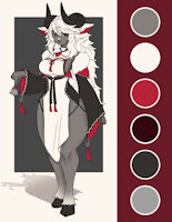 Marybell Zntria by FuneralDirge - goat, boobs, female, thick, teacher, bell, horns, milf, hooves, ref sheet, busty, revealing outfit, vibrant coast