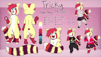 Tricky's ref! by JinxieStudios - female, red panda, hybrid, reference sheet, red fox, fangs, vulpine, ref sheet, bangs, outfits, female/solo, ailurid, 2025
