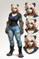Katya the Pangoro by scorpianpp - female, bear, pokemon, panda, blonde, anthro, big breasts, anthropomorphic, blonde hair, pokemon adult, straight hair, pokemon oc, anthropokemon, bear girl, pangoro, red highlights, hair covering eyes, pokemon (species), ai generated, stable diffusion, automatic1111, scorpianpp, ai generated voice, katya the pangoro