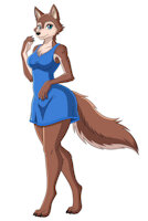 A new wolf has wandered onto the scene. by StormsofKings - female, wolf, wolfess, digitigrade, blue dress, blue eyes, timber wolf, she-wolf, brown fur, female/solo, female solo, digitigrade legs, digitigrade paws