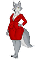 Jolene has wandered onto the scene! Who wants to make a deal? by StormsofKings - female, wolf, wolfess, digitigrade, yellow eyes, grey wolf, she-wolf, grey fur, female/solo, golden eyes, female solo, digitigrade legs, red jacket, red skirt, digitigrade paws, white dress shirt