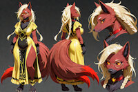 Amaryllis Tye the Ninetales by scorpianpp - fox, female, pokemon, blonde, anthro, ninetales, yellow eyes, anthropomorphic, blonde hair, red fur, nine tailed fox, fox girl, black sclera, pokemon adult, yellow hair, pokemon oc, anthropokemon, pokemon (species), ai generated, stable diffusion, automatic1111, scorpianpp, amaryllis-tye the ninetales