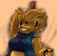 Hayley Montgomery by SinisterSlyFox - female, jacket, winking, jewelry, chubby, brown bear, scythe, f, gold jewelry, crop top, blue shoes, blue jacket, blue shorts, winking at viewer, chubby female, chubby anthro, blue clothing, gobi bear