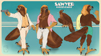 John Sawyer Blackmore [By Bombird] by Ferobird69 - male, partially clothed, clothed, pinup, eagle, bombird, bird, tail, anthro, feral, talons, avian, gun, mullet, chest hair, sexy eyes, golden eagle, 80s hair, sawyer (ferobird), 80s clothing, 1980s theme, pastel theme