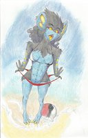 Stretch Out by theGigamix - feline, luxray, female, beach, pokemon, tongue, bikini, tongue out, yellow eyes, red eyes, pokeball, tesla, bikini stretch, yellow tongue