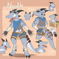 Noodle the Kobold by ADangerNoodle - female, scarf, adventure, tongue out, horns, goggles, noodle, smiling, blue eyes, dungeons and dragons, kobold, potion, treasure chest, yip, arm wraps, leg wraps, potion bottle, tail bag