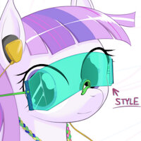 Synthia Wave by DoubleDouble - headphones, pony, necklace, filly, text, sunglasses, walkman, purple eyes, cutie mark, earth pony, female/solo, pony oc, purple mane, blunt bangs, character name