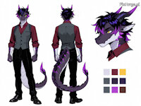 [AI] Onxy Blacksun by Whoactuallycares155 - male, dress shirt, stripes, horns, vest, black dragon, yellow eyes, purple eyes, furry dragon, hair highlights, black scales, ai generated, ai art, onyx blacksun