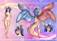 Skybound Dragoness Reference Sheet by vexxfadee - dragon, big, nude, female, commission, hybrid, tail, paws, wings, sheet, horns, full, solo, angel, reference, dragoness, anthropomorphic, body, digitalart, furryart, bluehair, anthrodragon, originalcharacter, dragonlady, characterdesign, fantasyart, mythicalcreatures, pastelcolors, furrycommunity, dragonwings, ocreferencesheet