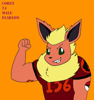Corey the Flareon by SkulliMonster - dog, fox, male, muscle, pokemon, anime, jock, nintendo, flareon, eevee, eeveelution, video game character, pokemon (species), buff muscular