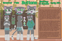 Buttons Ref Sheet 2026 by Milachu92 - butt, male, jacket, reference sheet, tongue, anthro, cafe, clothing, ref sheet, green eyes, domestic cat, looking at viewer, booty shorts, sweat, coffee shop, milachu92, buttons (milachu92)