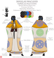 Douglas MacLeod Reference (2025-6) by GraceheartTheLeopard - male, silver fox, sheet, fantasy, druid, cloak, reference, robe, scottish, bard, eunuch, celtic, scotland, highland, jerkin, scottish highland, ollamh, ollave, fili, filidh, inar, tuigen