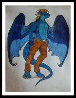 Xarnuth Warshard Crena by yangsama - dragon, long hair, pants, anthro, wings, hair, horns, reference, belt, standing, male/solo, nose horn, sapphire dragon