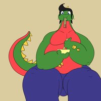 Echiu's Dinosuar Form loves Ramen. by TehEchiphlosion - male, muscle, fat, food, eat, musclegut, eating, gut, likes, dinosuar, ramen