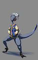 Feathered raptor in a letterman jacket