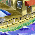 Sea side cafe in yellows and blues