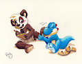 Yoshi sniffing panda paws by pandapaco