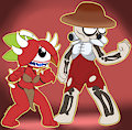 A fruit and a mushroom dresses up as demons from hell