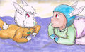 A bunny on the left and a baby on the right