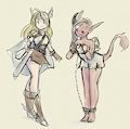 Short skirt Paladin and her unknown race gf.