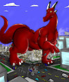 Rex walking through town colored resized