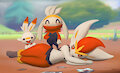 Painting of Scorbunny, Raboot, and Cinderace