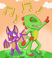 Yooka and Laylee dancing at sunset