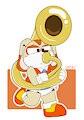 Baby Cream trying out a gaint sousaphone