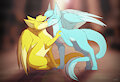 Dragons kissing and holding paws by fireYtail